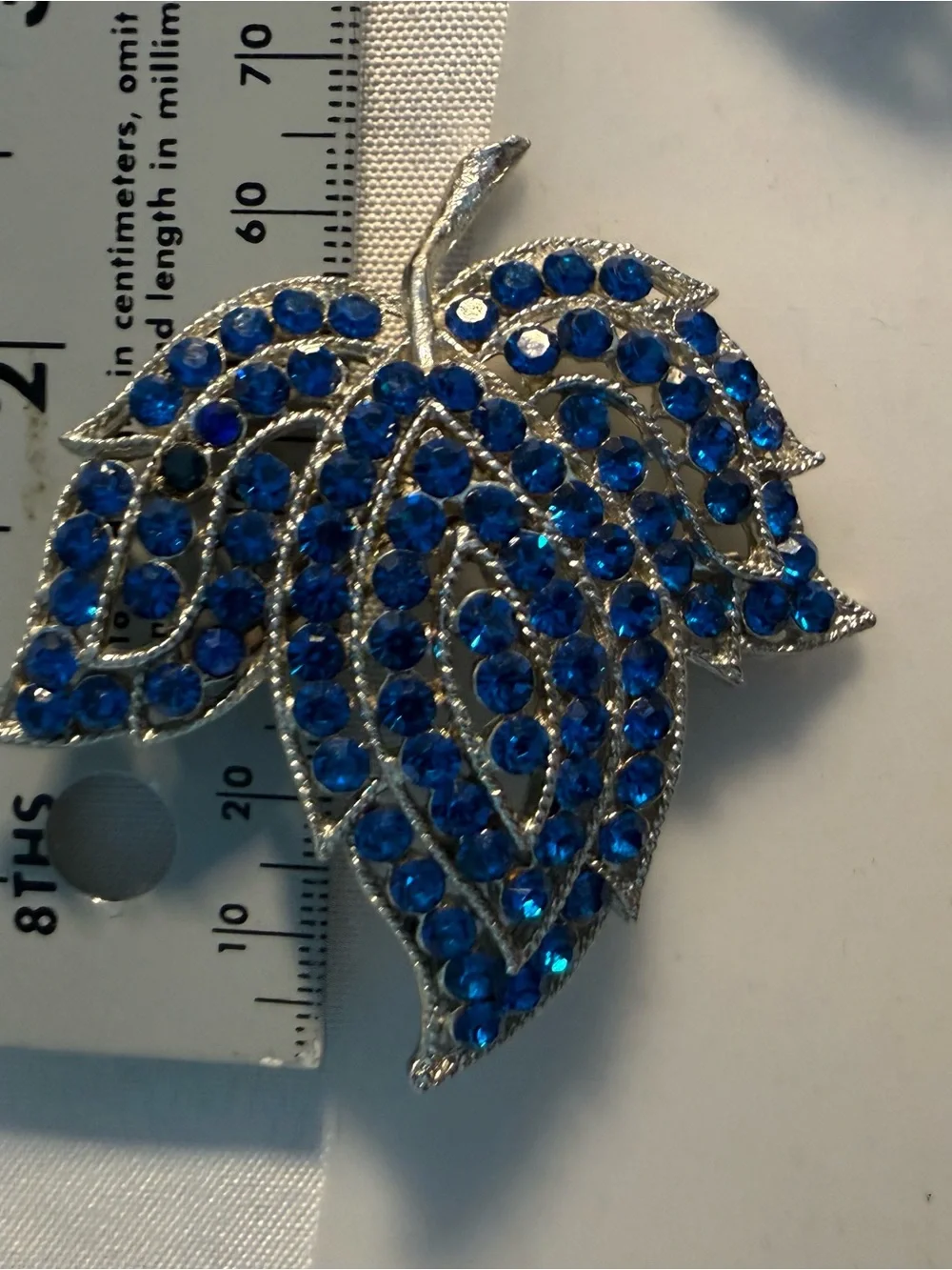 Vintage Weiss Blue rhinestone Leaf Brooch  2.5” x 3